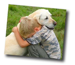 kid and a white lab dog